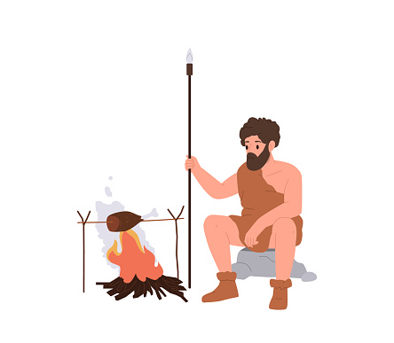 Caveman flat cartoon character dressed primitive clothing holding spear weapon cooking meat for dinner sitting at bonfire isolated on white background. Stone age time and prehistoric tribal human life