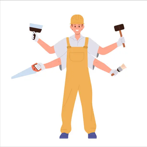 Vector illustration of Multitasking handyman cartoon character having lots of arms with different tools isolated on white