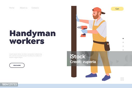istock Handyman workers online service order landing page with professional carpenter repairing door 1804121733