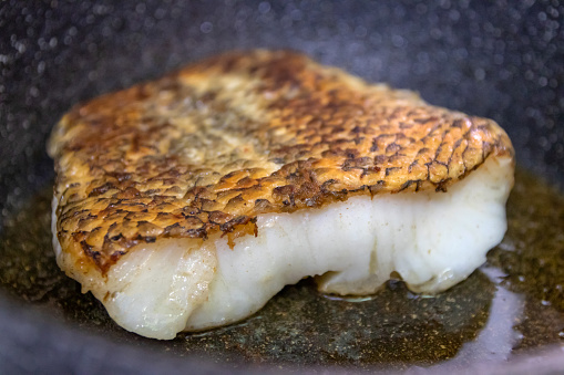 Pan searing snow fish. Snow fish are found in the deep ocean, thick flake and melt-in-your-mouth texture.