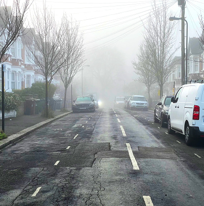 Street in Walthamstow on a foggy frosty morning. February 2022