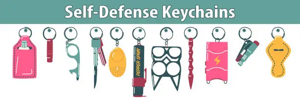 Vector illustration of Set of keychains for self-defense