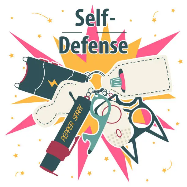 Vector illustration of Set of keychains for self-defense, poster