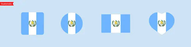 Vector illustration of National flag of Guatemala icons. Guatemala flag in the shape of a square, circle, heart. Website language choice symbols. Vector UI flag design