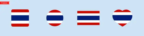 Vector illustration of Thailand flag icons. Thailand flag set symbols. National symbol. Square, circle, heart shape flags. Vector isolated