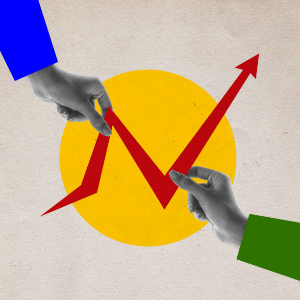 istock Contemporary art collage. Hands trying move, correct graph for positive result against background craft-paper effect with geometry figures. 1804141730