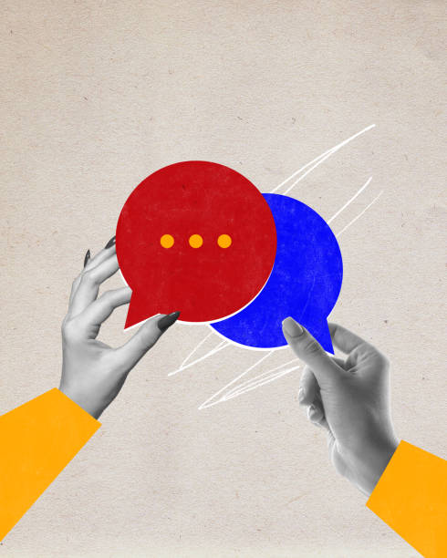 istock Poster. Contemporary art collage. Hands with speech bubble symbolizing communication isolated background with craft-paper effect. 1804141890