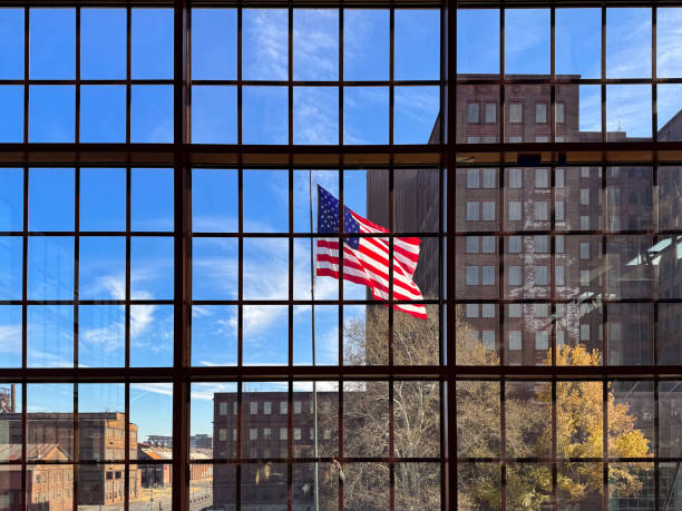 An American flag flying in the window of an old industrial building in Bethlehem, Pennsylvania.