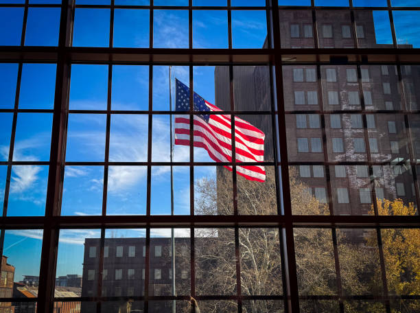 An American flag flying in the window of an old industrial building in Bethlehem, Pennsylvania.