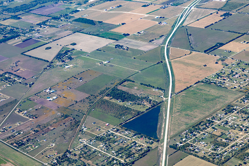 ascenic aerial of rural landscape with highway near Houston, Texas
