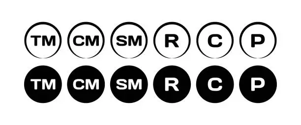 Vector illustration of Tm, Cm, Sm, R, C, P icons. Silhouette, black, Tm, Cm, Sm, R, C, P icons. Vector icons