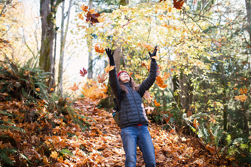 A Caucasian woman in her late 50's enjoys exploring a forest area adjacent to the Puget Sound in Washington state.  The fall leaves add a vibrant yellow, orange, and brown color pop to the scene.