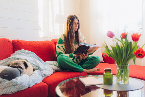 Smiling female in green clothing sitting on comfortable sofa with her cute pug who is sleeping, contemplating winter day indoors reading book with bouquet of tulip flowers in vase and mountain window view