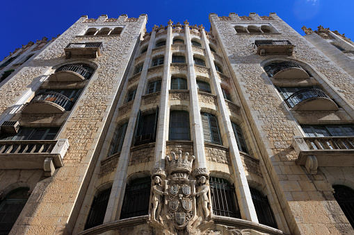 Facade of a Modernist building in castle style, \nNunez y Navarro building, Barcelona, Catalonia, Spain, Europe