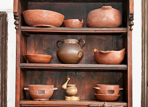 istock Old pottery jugs, jars and apply on the shelf 180417313