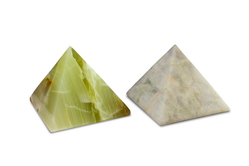 Handcrafted green and white onyx mineral pyramids for decoration.