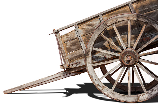 Two-wheeled cart or cart, with poles to hitch the horse and boards to support the load, on a white background.