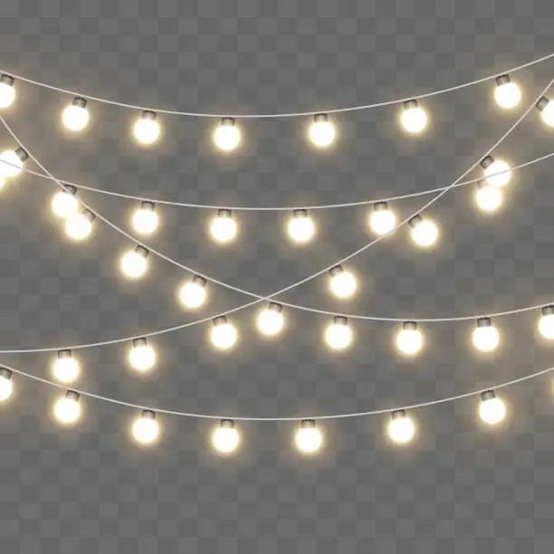 Vector illustration of Light bulbs. Christmas String Lights. Vector clipart isolated on a transparent background.