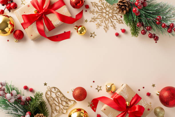 istock Ring in New Year with joy! Top view craft paper gift boxes, baubles, creative Christmas tree decorations, mistletoe, frosted fir branches, confetti set stage on pastel backdrop, providing space for ad 1804198150