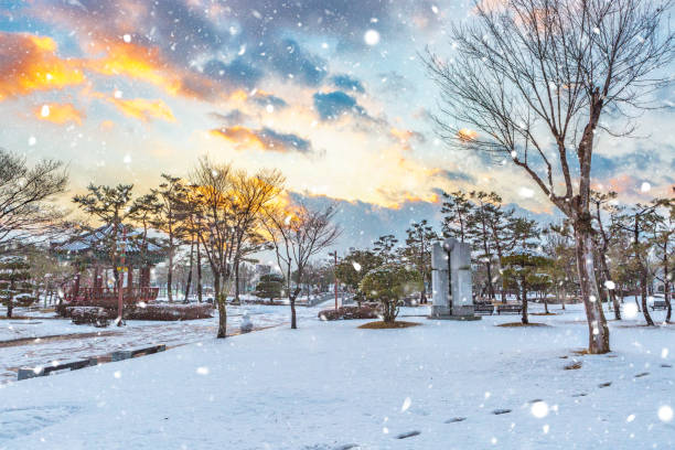 a sunset view of a snowy park