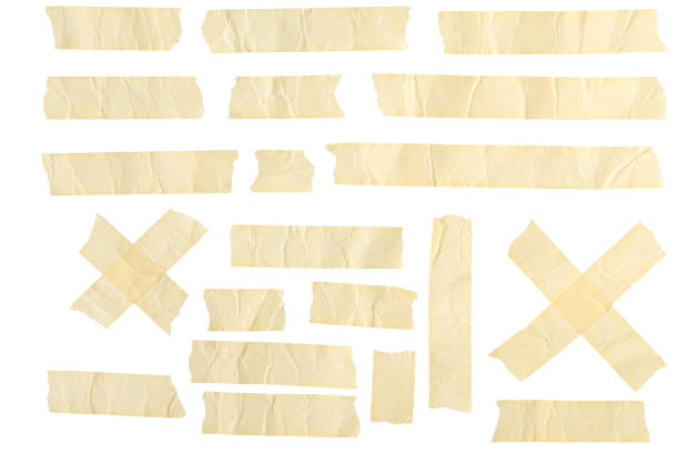 strips and pieces - masking tape and adhesive on white background. sticky scotch, duct paper. isolated. - onderdeel van fotos stockfoto's en -beelden