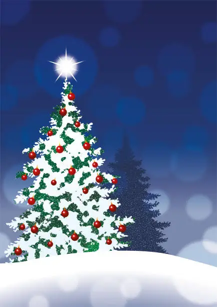 Vector illustration of Christmas Tree Over Dark Blue Sky