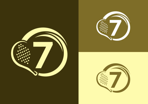 illustrazioni stock, clip art, cartoni animati e icone di tendenza di lettera 7 con modello vettoriale di design del logo della racchetta da padel. simbolo del beach tennis club di ping pong. business e l'identità aziendale - tennis serving silhouette racket