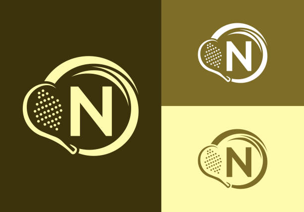 illustrazioni stock, clip art, cartoni animati e icone di tendenza di lettera n con modello vettoriale di design del logo della racchetta da padel. simbolo del beach tennis club di ping pong. business e l'identità aziendale - tennis serving silhouette racket