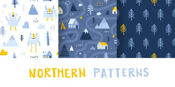 Vector illustration of Set of scandinavian winter pattern with cute yeti. Seamless nordic vector print collection for kids textile.