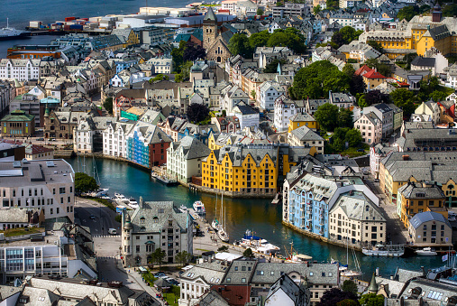 View of Alesundet in the city of Alesund, in More og Romsdal, Norway, as seen from Aksla Viewpoint