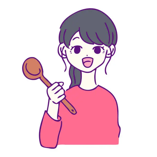 Vector illustration of Illustration of a smiling woman holding a spoon