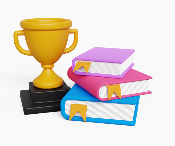 istock 3D achievement in education. study award. Success celebration, learning, self development and goals. 3d golden trophy with books stack. 3d illustration 1804229430