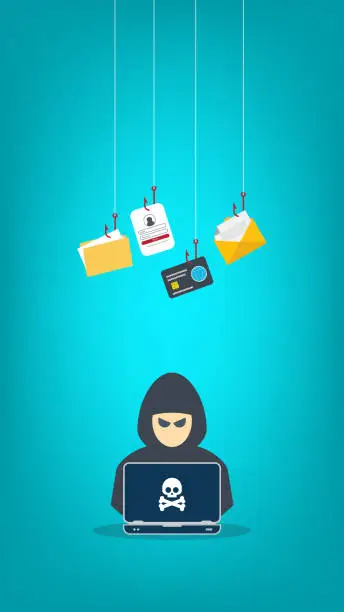 Vector illustration of Hacker stealing confidential data, personal information and credit card detail. Hacking concept.