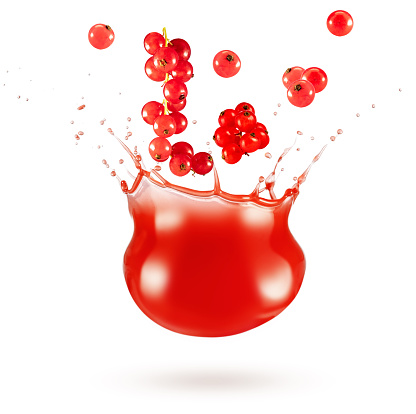 Redcurrant berries falling into a fresh juice drop-shaped splash isolated on white background.