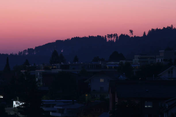 residential buildings near a forest hill in morning light