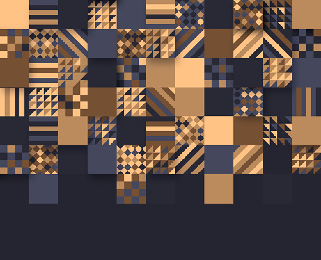 Bauhaus modern shapes abstract mosaic pixel textured layered pixel golden background pattern.