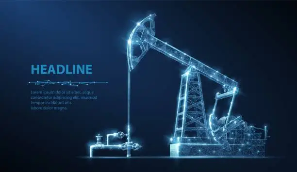 Vector illustration of Oil pump on blue. Digital extraction, Gas market, Well drilling, Petroleum production