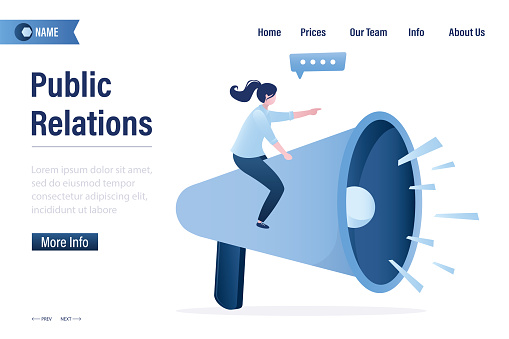Businesswoman using megaphone. Marketing management, public relations, landing page, template. Manager flying on loudspeaker and make announcements, give information and offers, invite friends. Vector