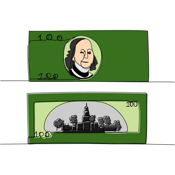 Vector illustration of 100 dollar bill old style on both sides color, colored one line art. Continuous line drawing of bank, money, finance, financial, payment, data, savings, economic, wealth, credit