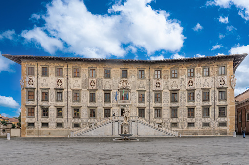 Pisa, Italy, 13 november 2023 - Scuola Normale (normal school) Superiore di Pisa on the Piazza dei Cavalieri (Cavalieri square) in Pisa