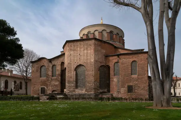 View of the St. Irene Church  in the First courtyard of the Topkapi Palace Alai Meydany and on a sunny day, Istanbul, Turkey