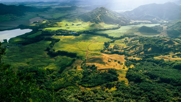Scenic view of Makua Beach on the west coast of Oahu, Hawaii, with lush green mountains and dramatic clouds above