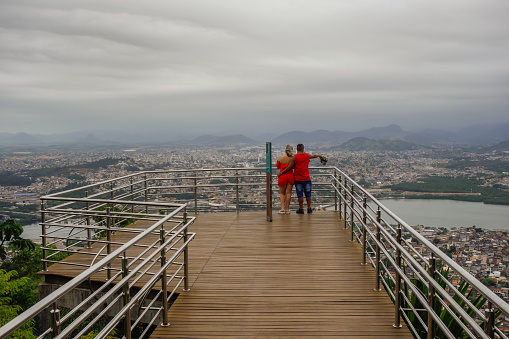 Vitoria, ES, Brazil - 11 03 2023: wooden lookout observatory at Fonte Grande State Park in Vitoria city