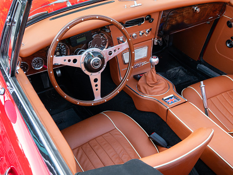 British sports car Austin Healey 3000 Mark II 1960s vintage car leather Interior. Nice, France - June 8, 2023.