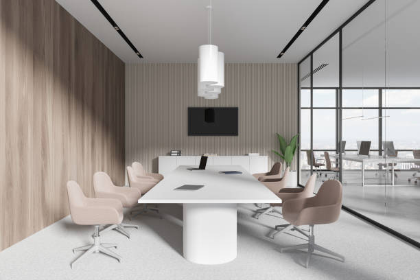 istock Stylish office interior with conference and coworking area, panoramic window 1804319630