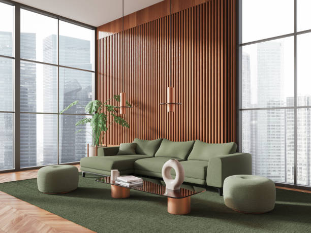 istock Wooden living room corner with sofa and poufs 1804320162