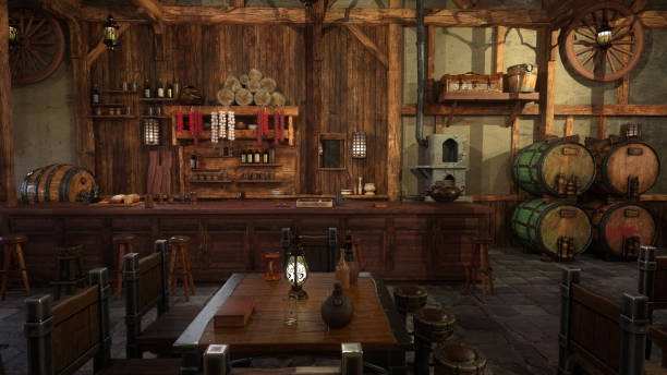 istock Dining table and bar in an old medieval tavern inn. 3D rendered illustration.. 1804321795