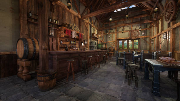 istock Old medieval tavern with barstools by the bar and food on tables. 3D rendering. 1804321796