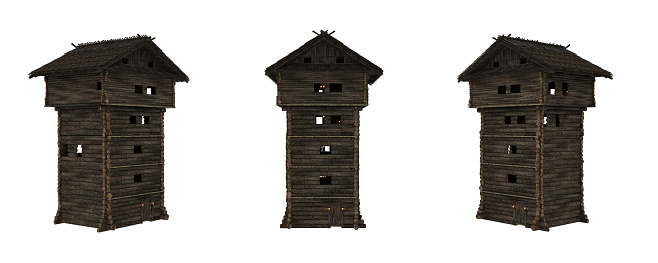 Medieval wooden tower buildings. 3D rendering from 3 angles isolated.