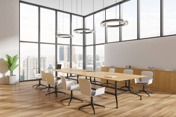 istock Stylish business room interior with meeting board and seats, panoramic window 1804322869